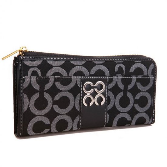 Coach Madison Accordion Zip In Signature Large Black Wallets AGQ | Women - Click Image to Close